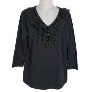 Toffee Apple Blouse Womens Medium Black V-Neck Ruffle Rhinestones 3/4 Sleeve